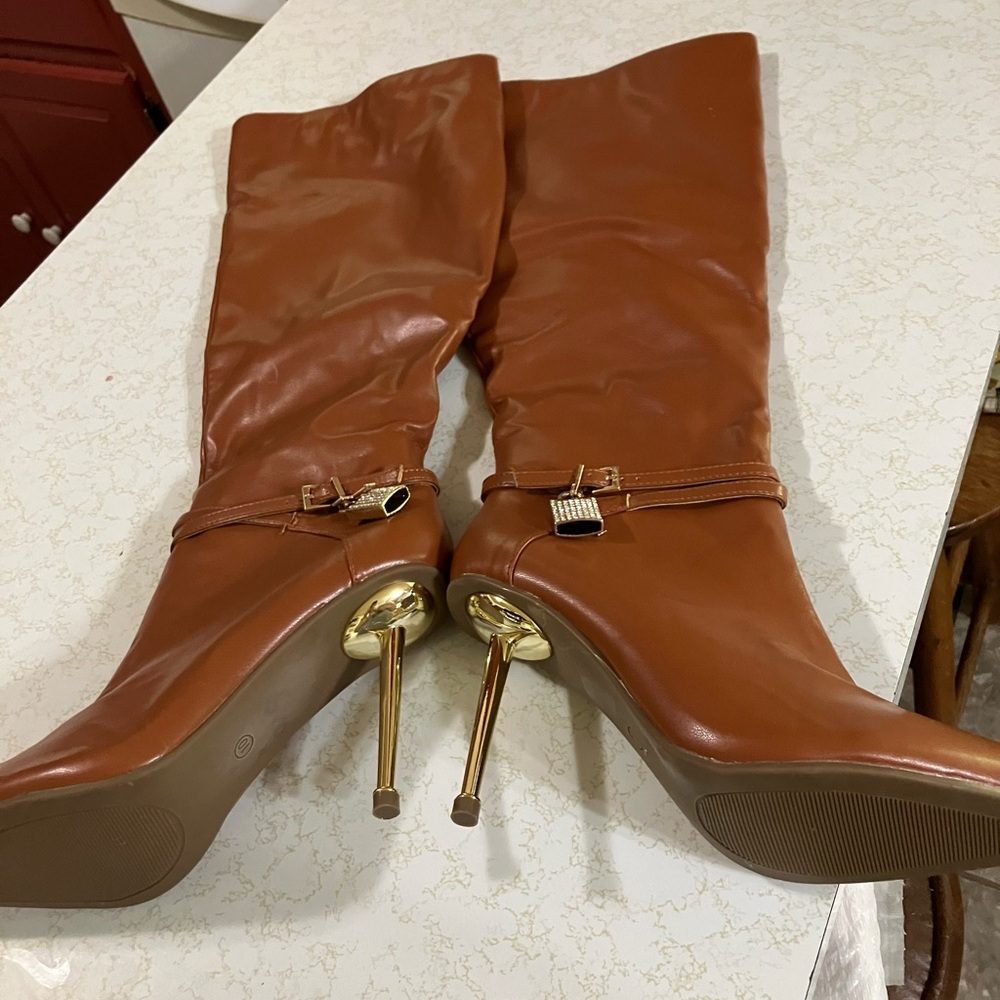 Brown Leather Knee-High Boots with Gold Heels